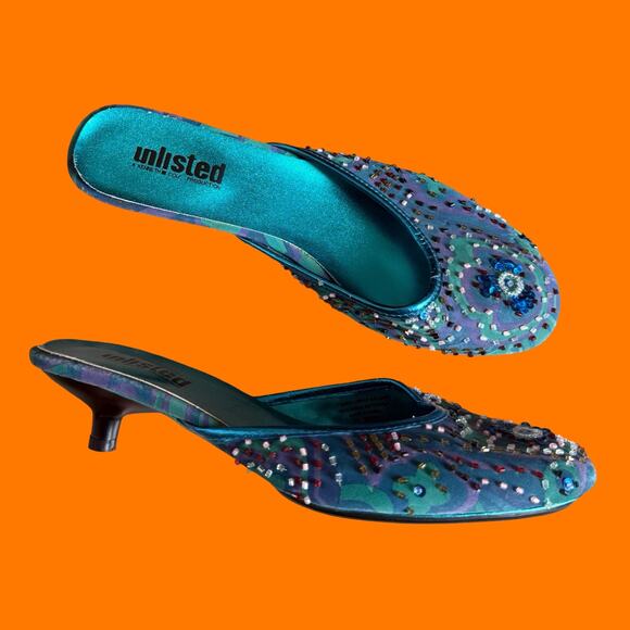 00's vintage groovy boho beaded paisley floral y2k kitten heels US Size 7.5 - Picture 3 of 9